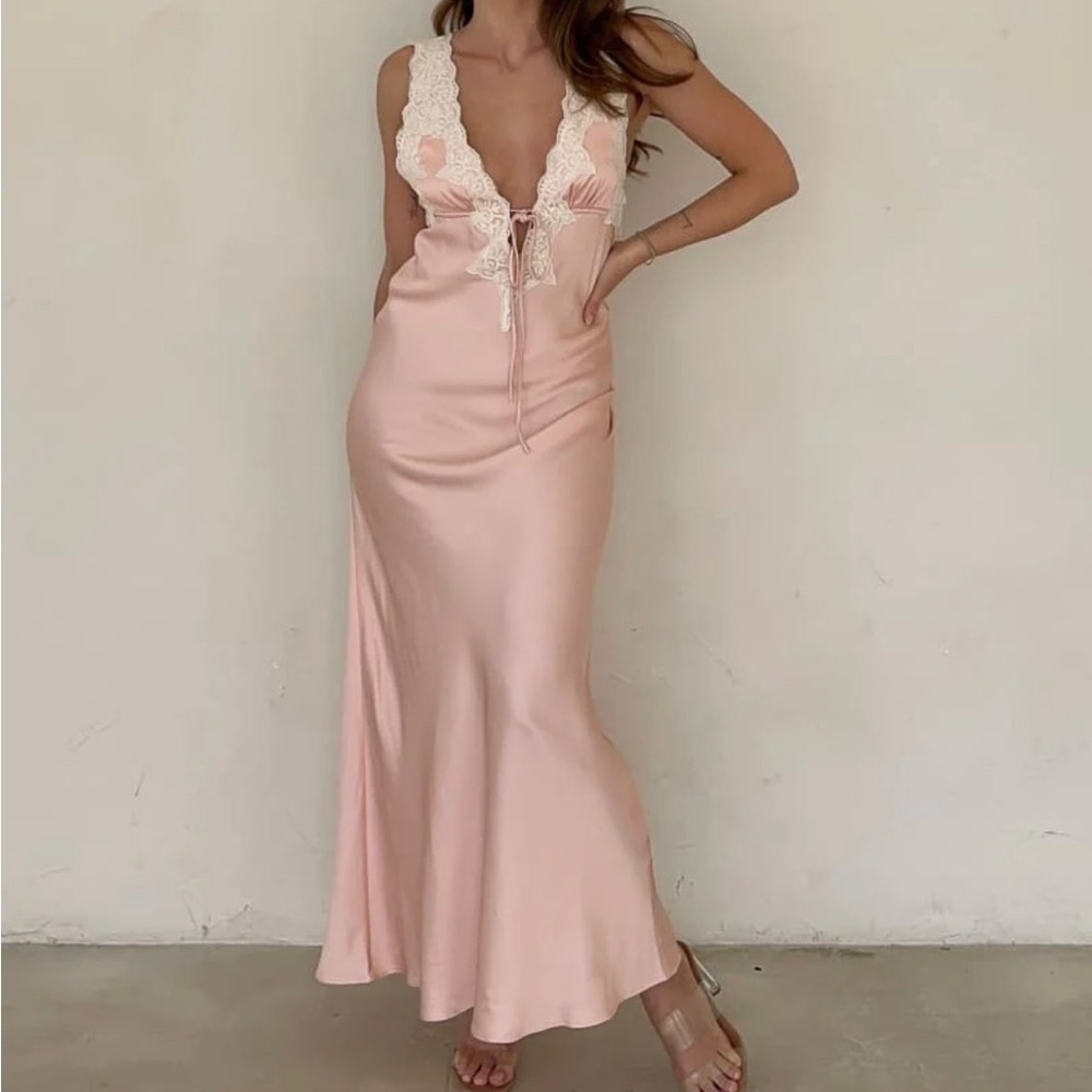 RUMORED VENICE MAXI DRESS - BABY PINK. Silk slip dress w lace detail. Never worn